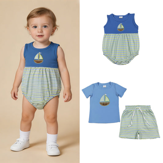 RTS NO MOQ milk silk Sibling Baby Boys Embroidery Boats Blue Shirts Top Stripe Pockets Shorts Clothes Sets Sleeveless Stripe Rompers