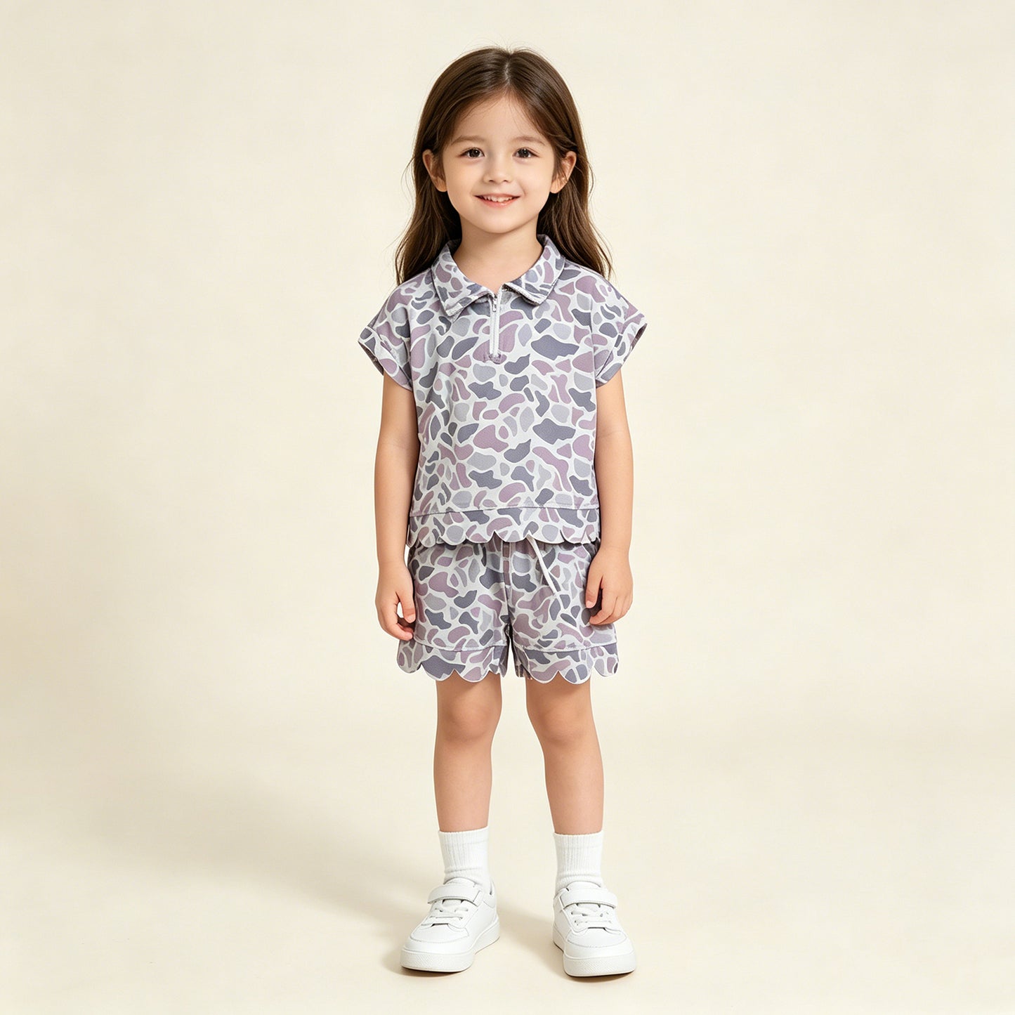 RTS NO MOQ milk silk GSSO3564 Baby Girls Light Grey Southern Camo Zip Front Top Scallop Hem Shorts Set