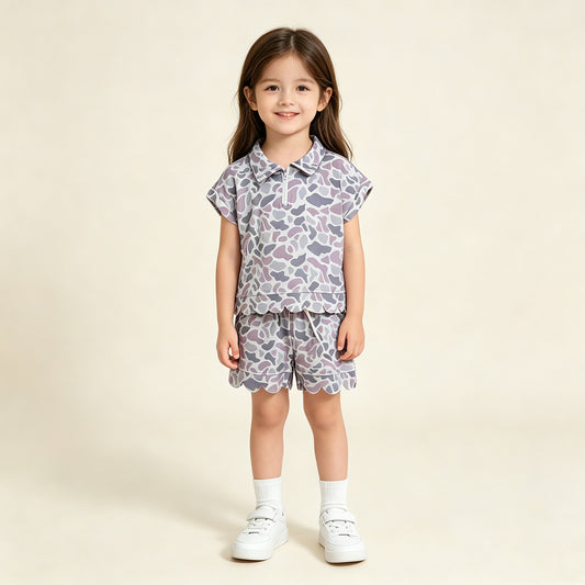 RTS NO MOQ milk silk GSSO3564 Baby Girls Light Grey Southern Camo Zip Front Top Scallop Hem Shorts Set