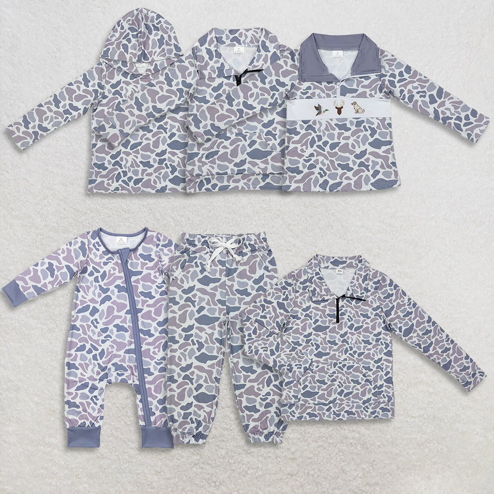 RTS NO MOQ Sibling Baby boy clothes camouflage pullover hooded long sleeve top and pants and romper and adult top