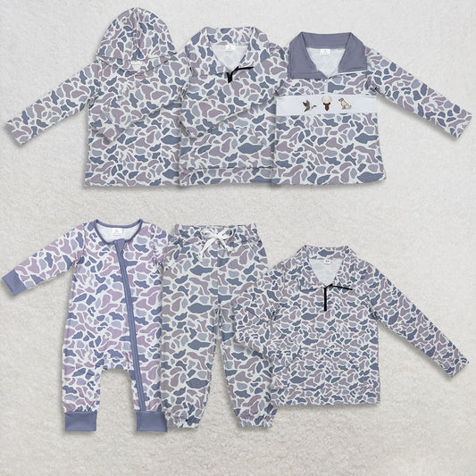 RTS NO MOQ Sibling Baby boy clothes camouflage pullover hooded long sleeve top and pants and romper and adult top