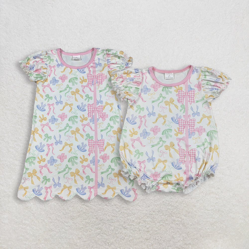 RTS NO MOQ Sibling Baby Girls Colorful Bows Scallop Knee-Length Dresses Rompers Cute Baby Girl Outfit