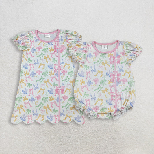 RTS NO MOQ Sibling Baby Girls Colorful Bows Scallop Knee-Length Dresses Rompers Cute Baby Girl Outfit