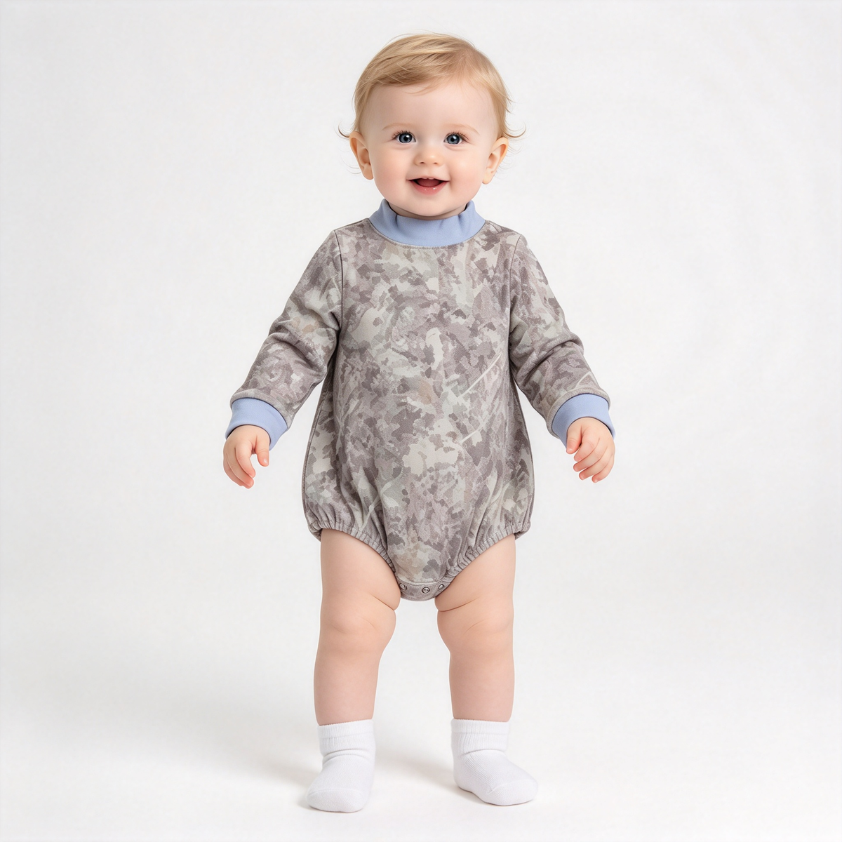 RTS NO MOQ Sibling yoga fabric High Neck Baby Boys Camo Print Long Sleeve Casual Bubble Romper