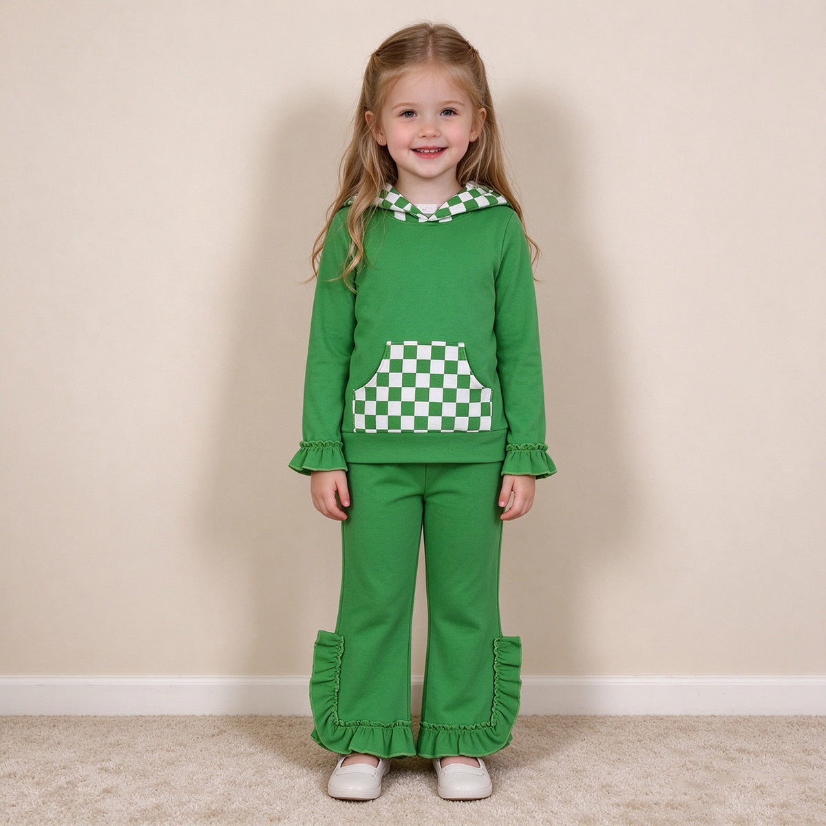 NEW RTS NO MOQ milk silk GLP3714（GT1855+P1165）Baby Girls Green Checked Pocket Long Sleeve Hoodie Ruffle Pant Outfit
