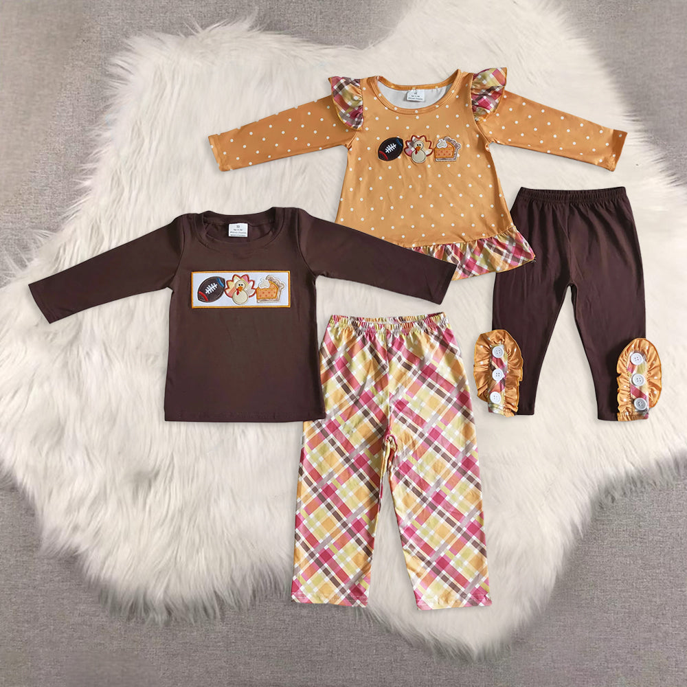RTS NO MOQ Sibling baby girl boy clothesThanksgiving Embroidered oval ball-turkey-cake long-sleeved suit