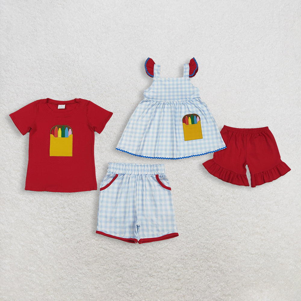 RTS NO MOQ Sibling Baby Boys Girls Embroidered Apple Pencil Print Shorts with Pockets Back to School Clothing Set for Kids