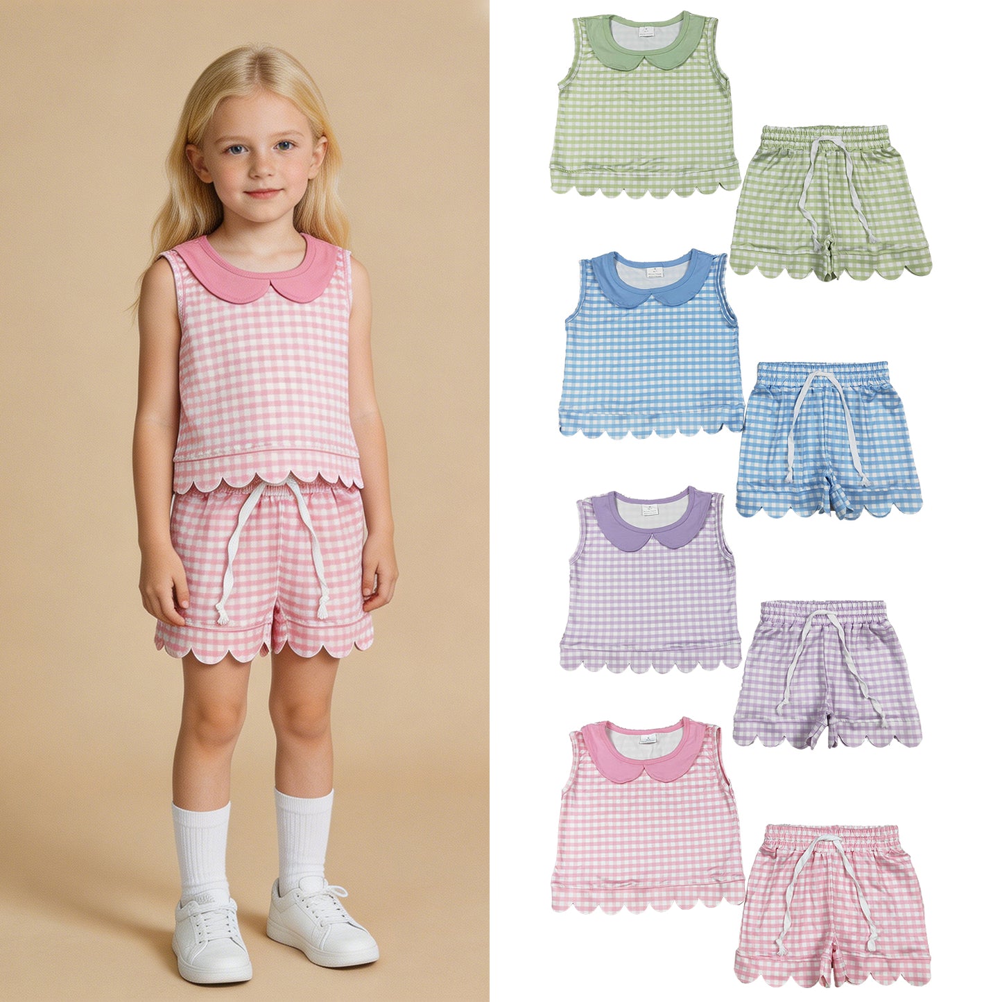 RTS NO MOQ Sibling milk silk Checked Collar Sleeveless Tops Baby Girls Scallop Hem Shorts Clothes Sets