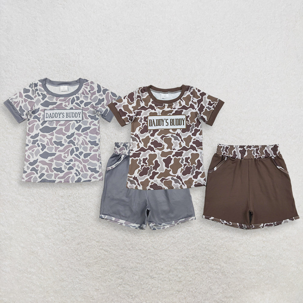 RTS NO MOQ Sibling Baby Boys Camo Pockets Shorts Set Embroidery Daddy's Buddy Clothes