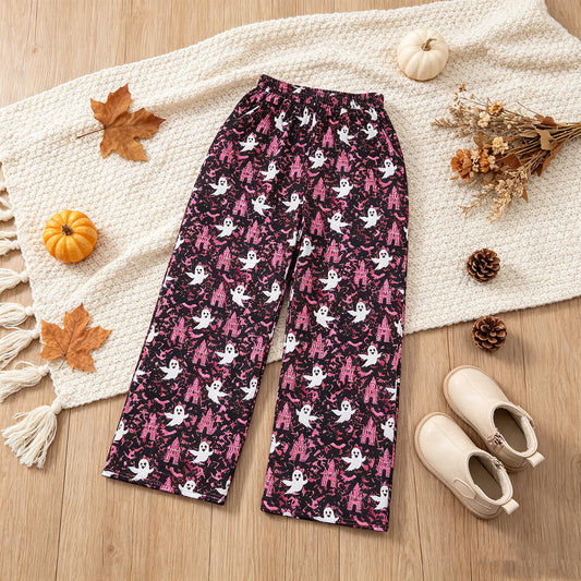 NEW RTS NO MOQ milk silk P1130 Adult Women Ghost Castles Leopard Print Halloween Pockets Flare Pants