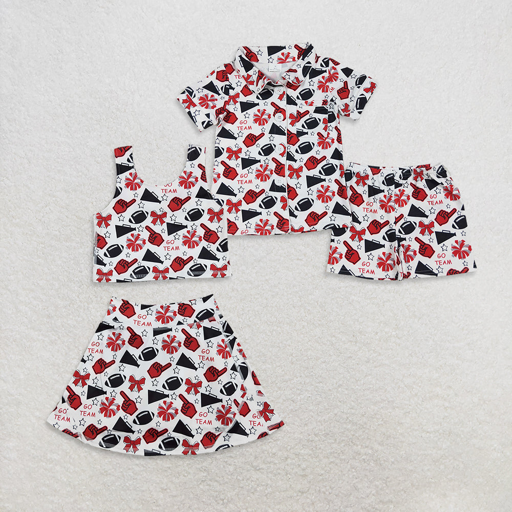 RTS NO MOQ Sibling baby girl clothes team cheer skirt yoga sets and shorts sets