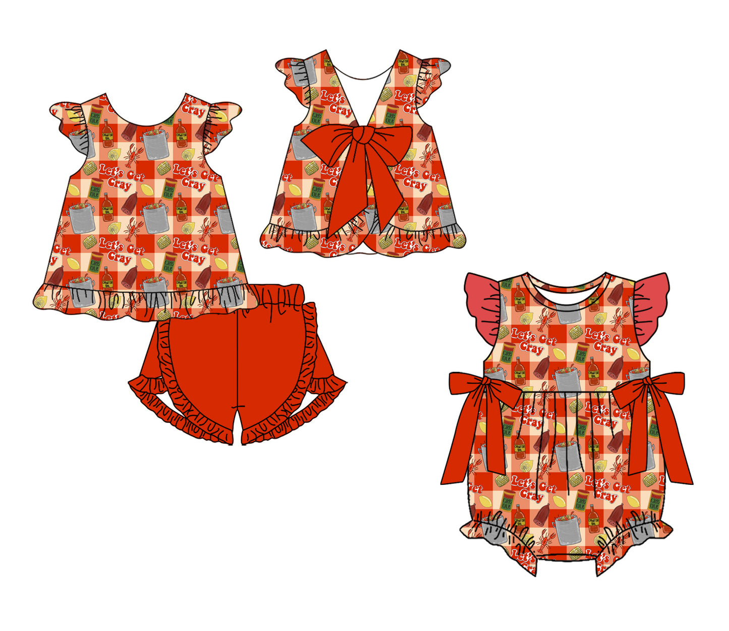 3.14 Custom moq 5 mix size Sibling Baby Girl's Red  Flutter-Sleeved Top And Shorts Set with Matching Flutter-Sleeved Romper Outfit Set