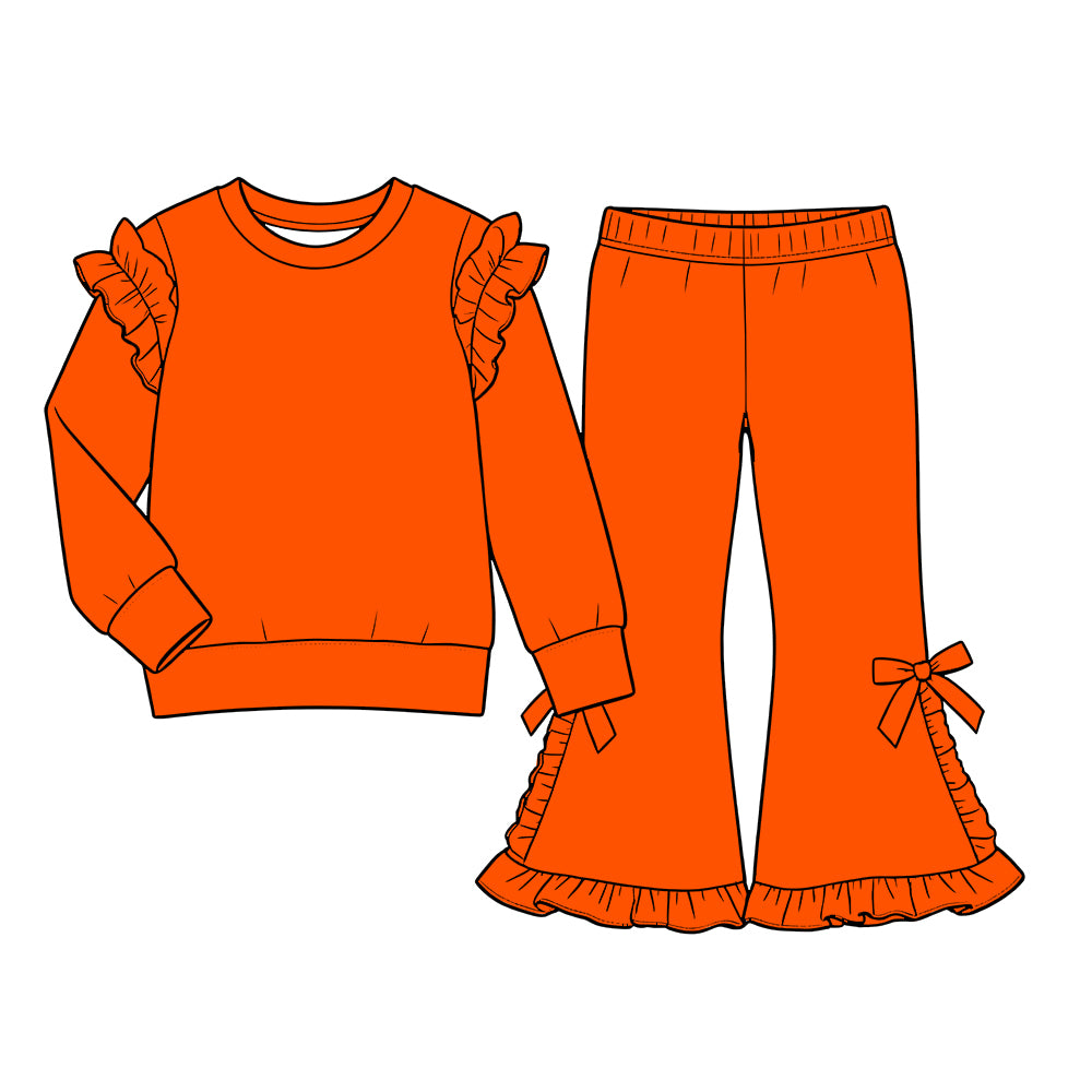 Custom moq 5  cotton fabric girls ruffle sets  solid color blank  Orange Long-Sleeve Sweatshirt with Lace Trim and Flared Pants Set with Side Bows