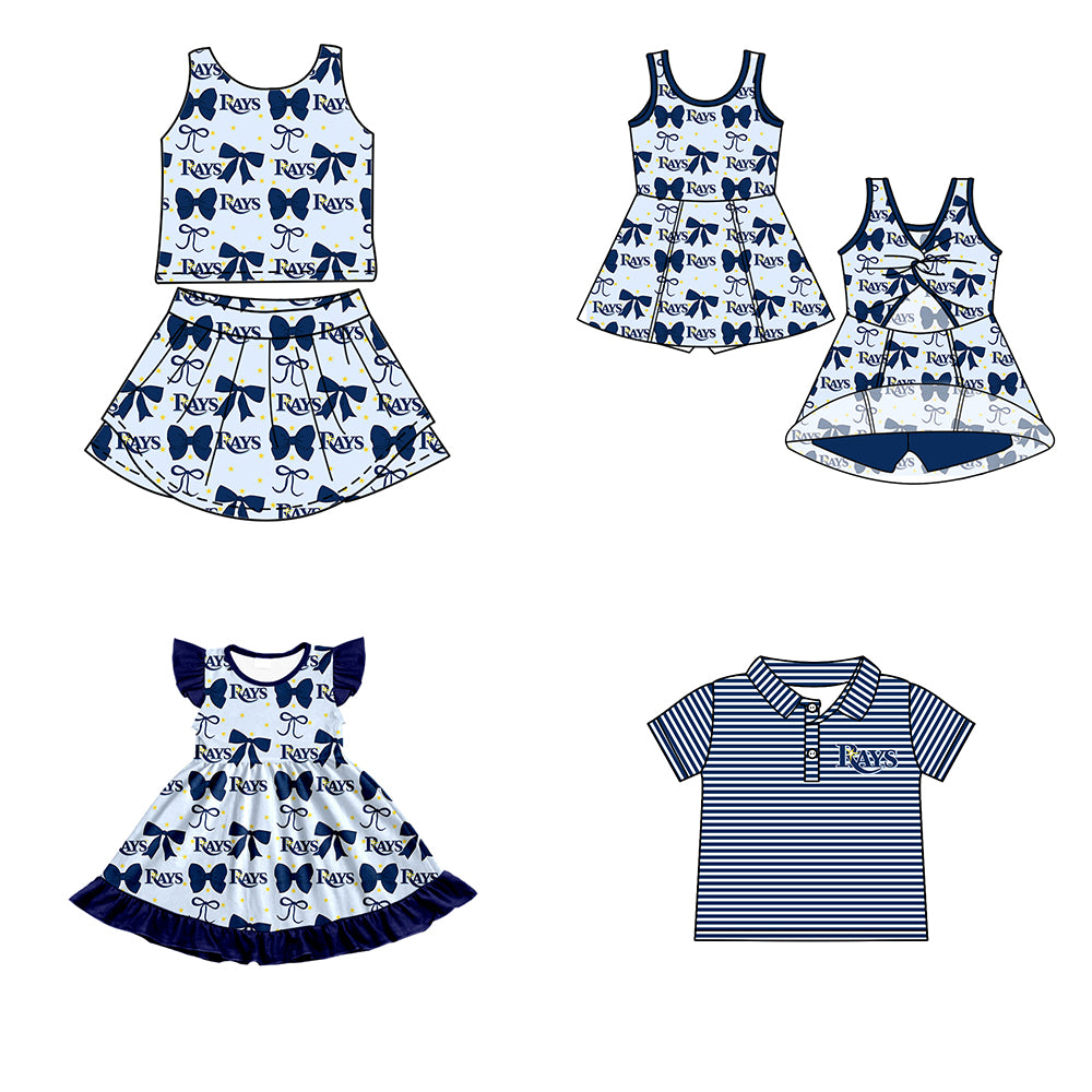 Custom moq 5 mix size milk silk summer teams baby girls clothes team bow blue sleeveless skirts sets and dress 1 and dress 2 and top-25.6.21