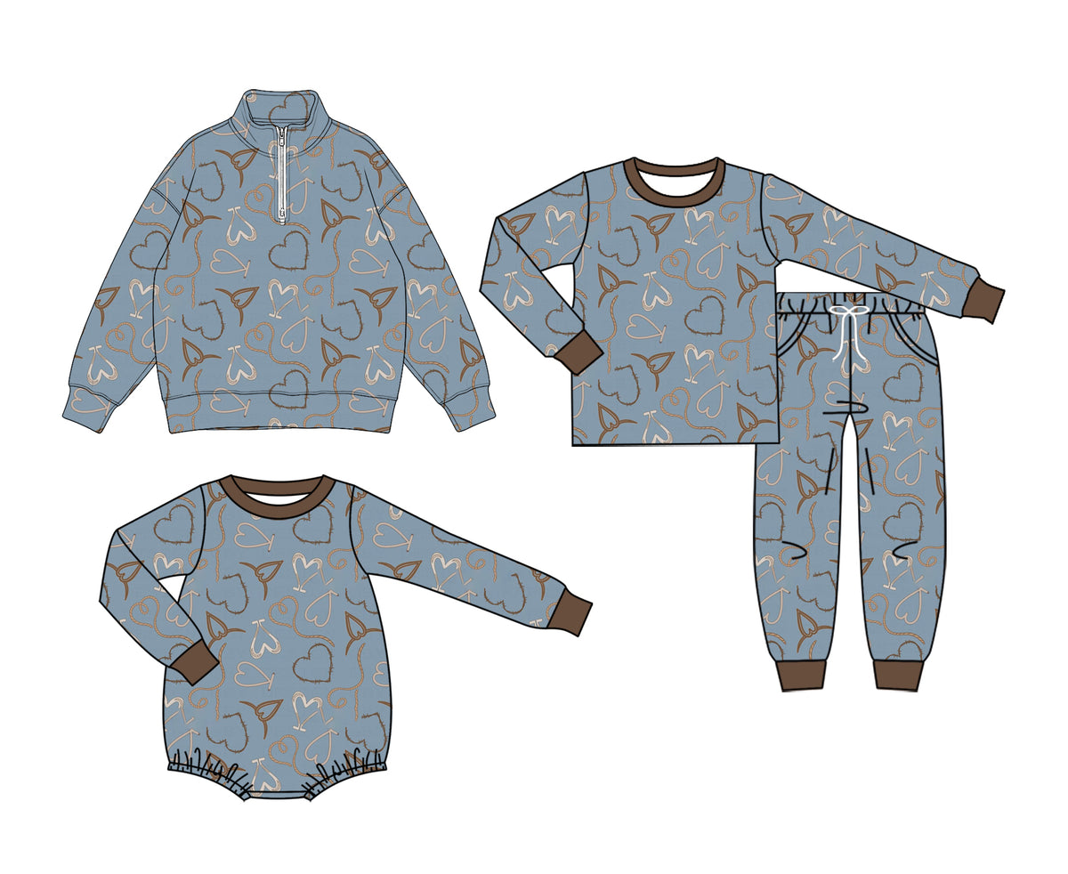 (Preorder new) No moq Baby Boys Blue Heart Print Half Zip Top Long Sleeve Tee Pant Set Rompers