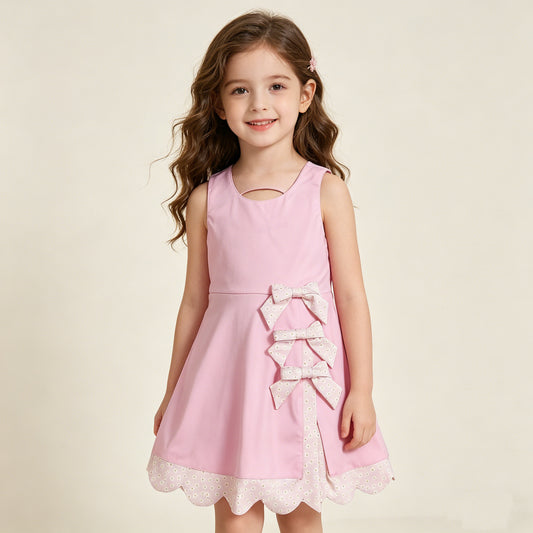 RTS NO MOQ GSD3315 Toddler Girls Sweet Pink Sleeveless Yoga Ruffle Knee Length Dress with Bow