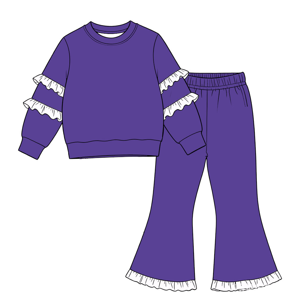 custom moq 5 cotton girls ruffle sets Baby girl's white ruffled, purple long-sleeve top and ruffled bell-bottom pants set