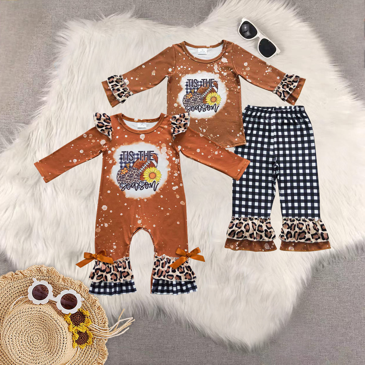 RTS NO MOQ Sibling baby girls clothes leopard pumpkin brown long-sleeved trousers suit & romper