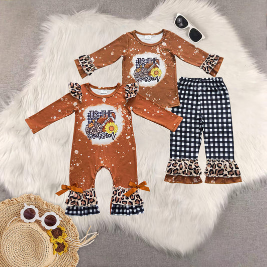 RTS NO MOQ Sibling baby girls clothes leopard pumpkin brown long-sleeved trousers suit & romper