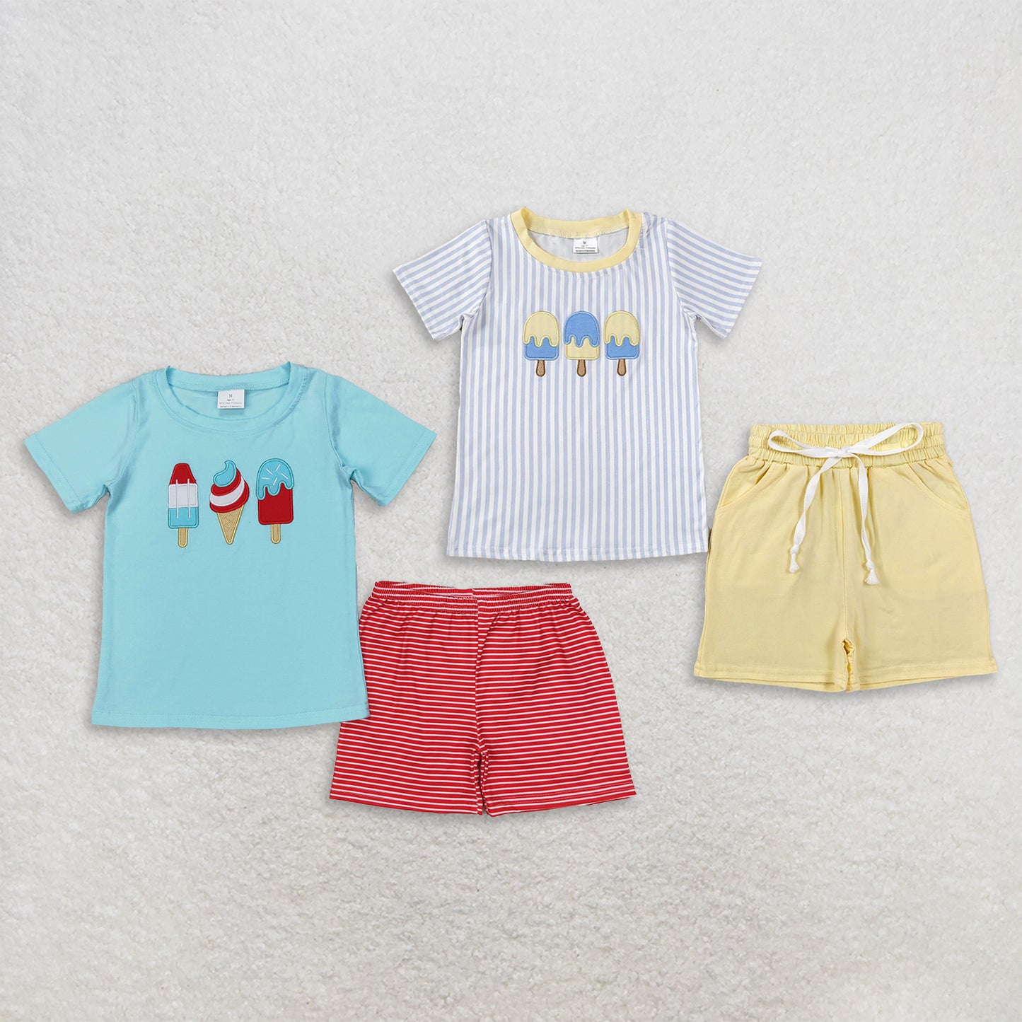 RTS NO MOQ Sibling milk silk Baby Boys Cute Embroidery Popsicle Blue Stripe Front Pocket Top Short Pants Sets