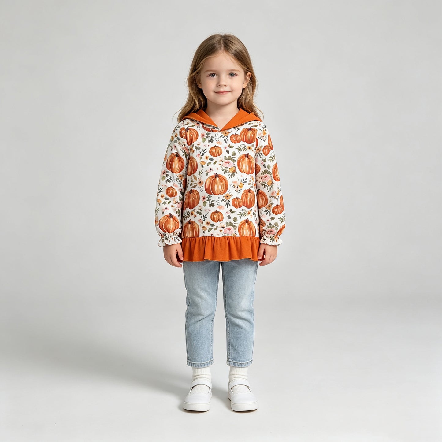 NEW RTS No moq milk silk GT1647 Baby Girls Flowers Pumpkins Fall Ruffle Hoodies Top