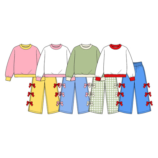 (Preorder new) No moq Baby Girls Color Block Long Sleeve Top Bow Wide Leg Pant Outfit Set