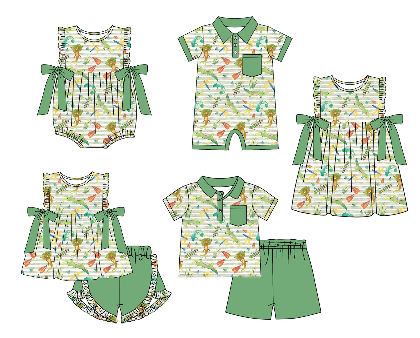 11.15 custom each style moq 5eta 4-6week Sibling Sister green baby girl short sleeve shorts sets and sets 2 and girls romper and boy romper and dress match design