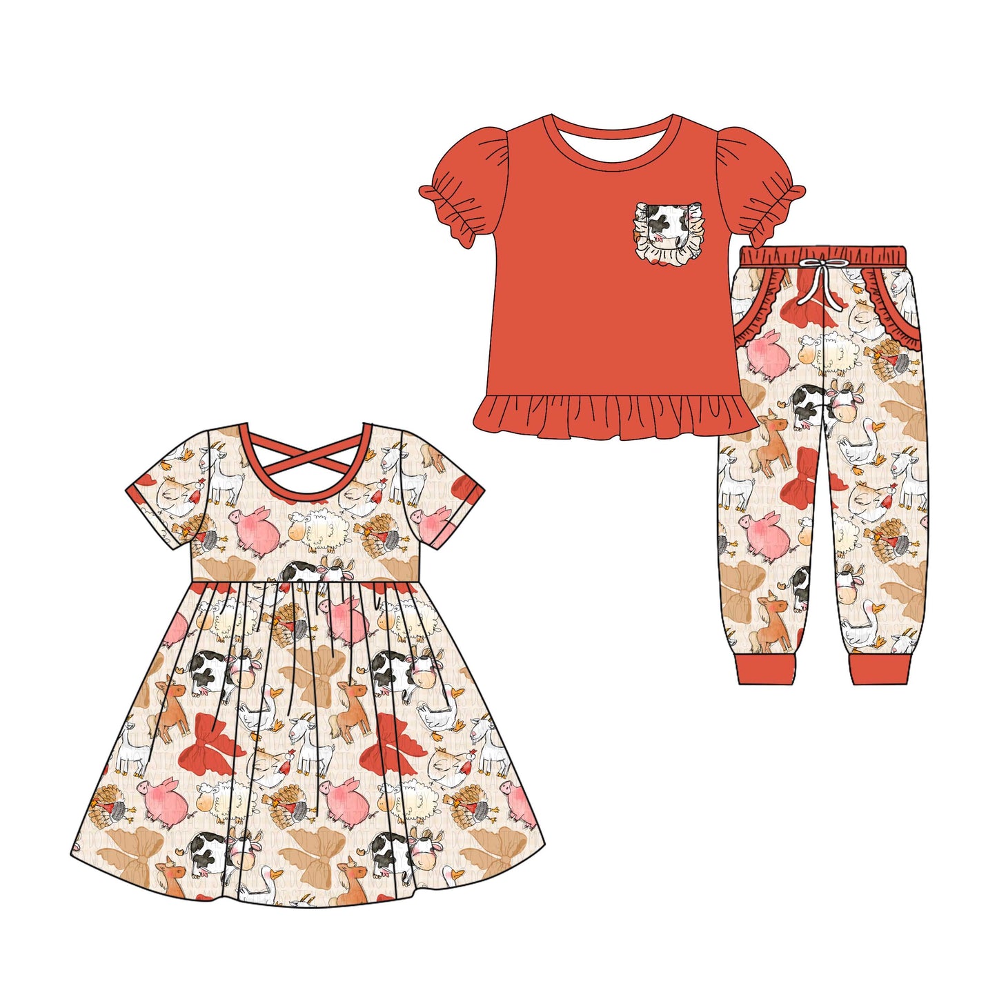 4.26 custom each style moq 5eta 4-6week Sibling Sister animal bow baby girl pants sets and dress match family design
