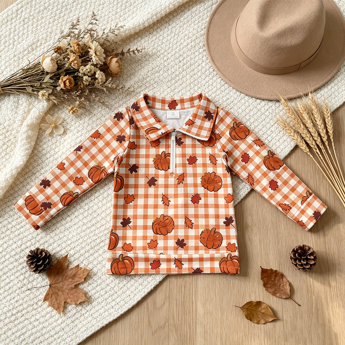 NEW RTS NO MOQ milk silk BT1895 Baby Boys Pumpkins Checked Zip Pullovers Top Casual Zip Up Long Sleeve Tees