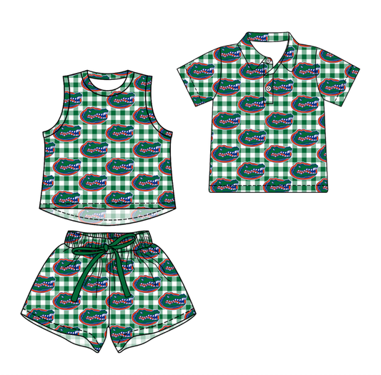 Custom moq 5 mix size milk silk summer teams Green Checked Girls Sleeveless Top And Short Sets Boys Short Sleeve Checked Button Polo Shirt Top