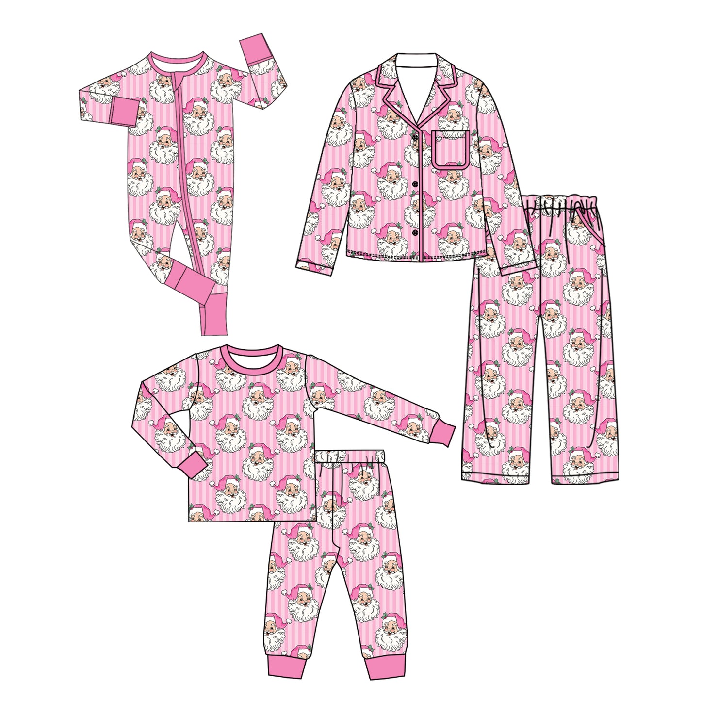 (Preorder new) No moq Kids And Adult Pink Stripe Santa Button Pocket Top Pants Family Holiday Photo Matching Pajamas Sets Rompers