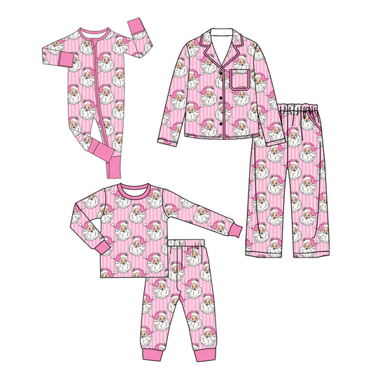(Preorder new) No moq Kids And Adult Pink Stripe Santa Button Pocket Top Pants Family Holiday Photo Matching Pajamas Sets Rompers