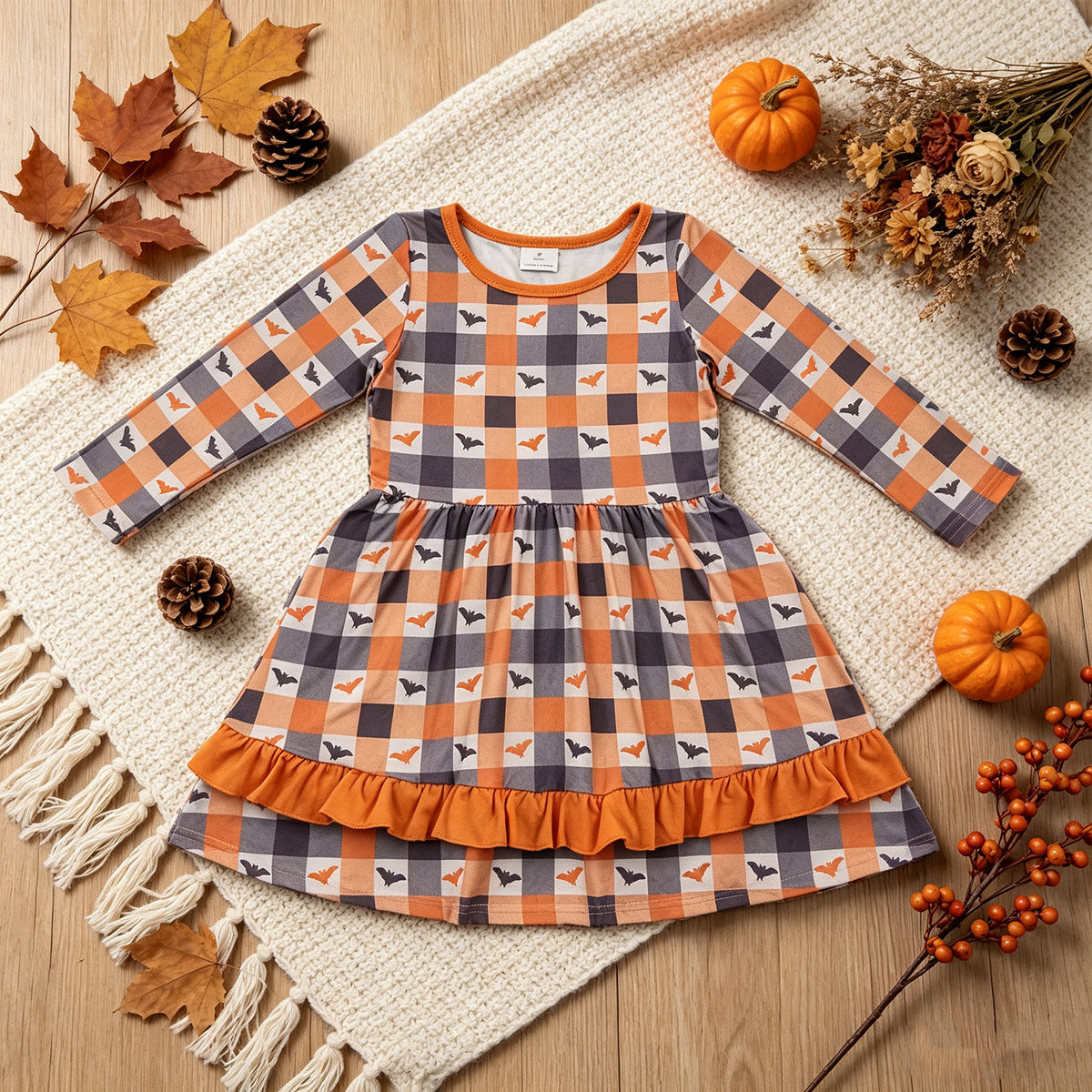 NEW RTS NO MOQ milk silk GLD1707 Baby Girls Long Sleeve Black White Checked Bat Print Ruffle Hem Knee Length Halloween Dress