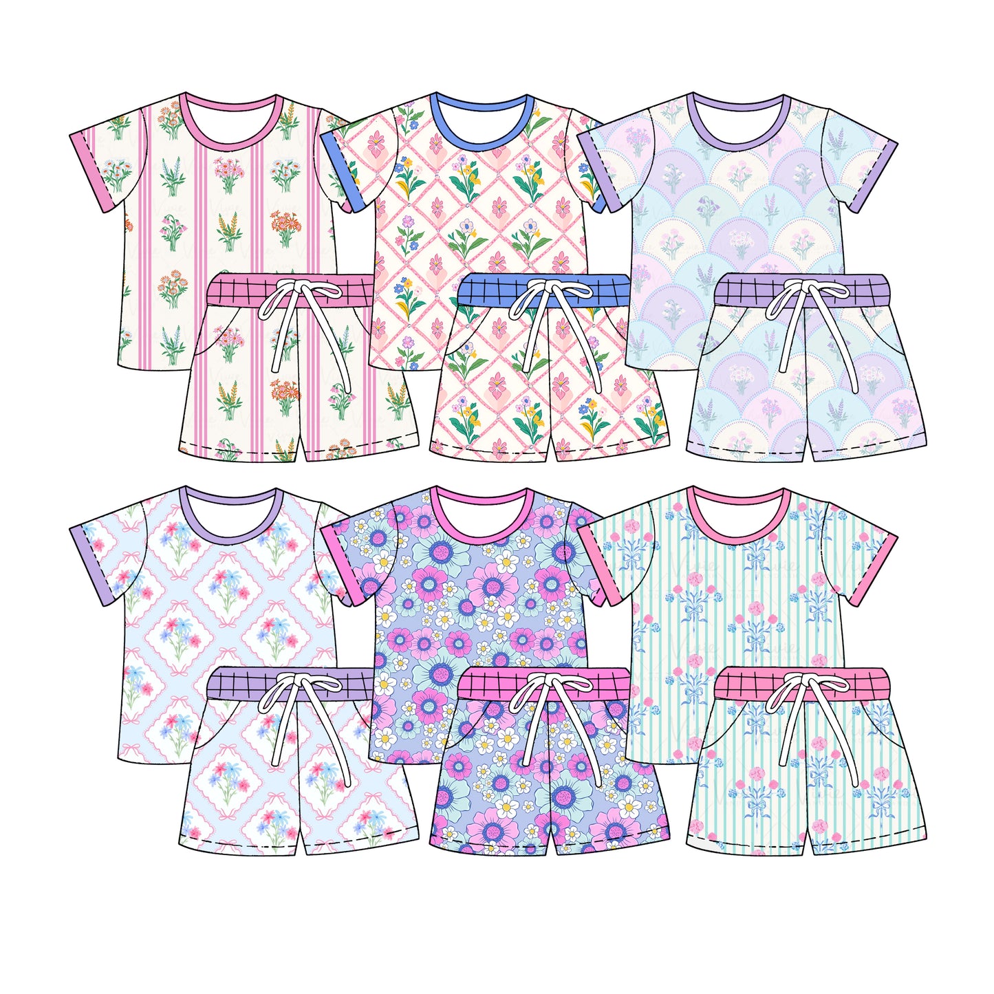3.6 Custom moq 5 mix size Sibling Kids' Floral Print Short-Sleeved Top And Drawstring Shorts Set Summer Outfit