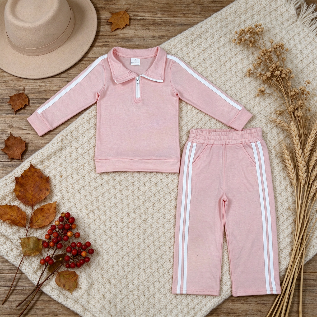 NEW RTS NO MOQ cotton GLP3860 Baby Girls Pink Long Sleeve Zip Pullovers Pockets Pant Cotton Casual Set