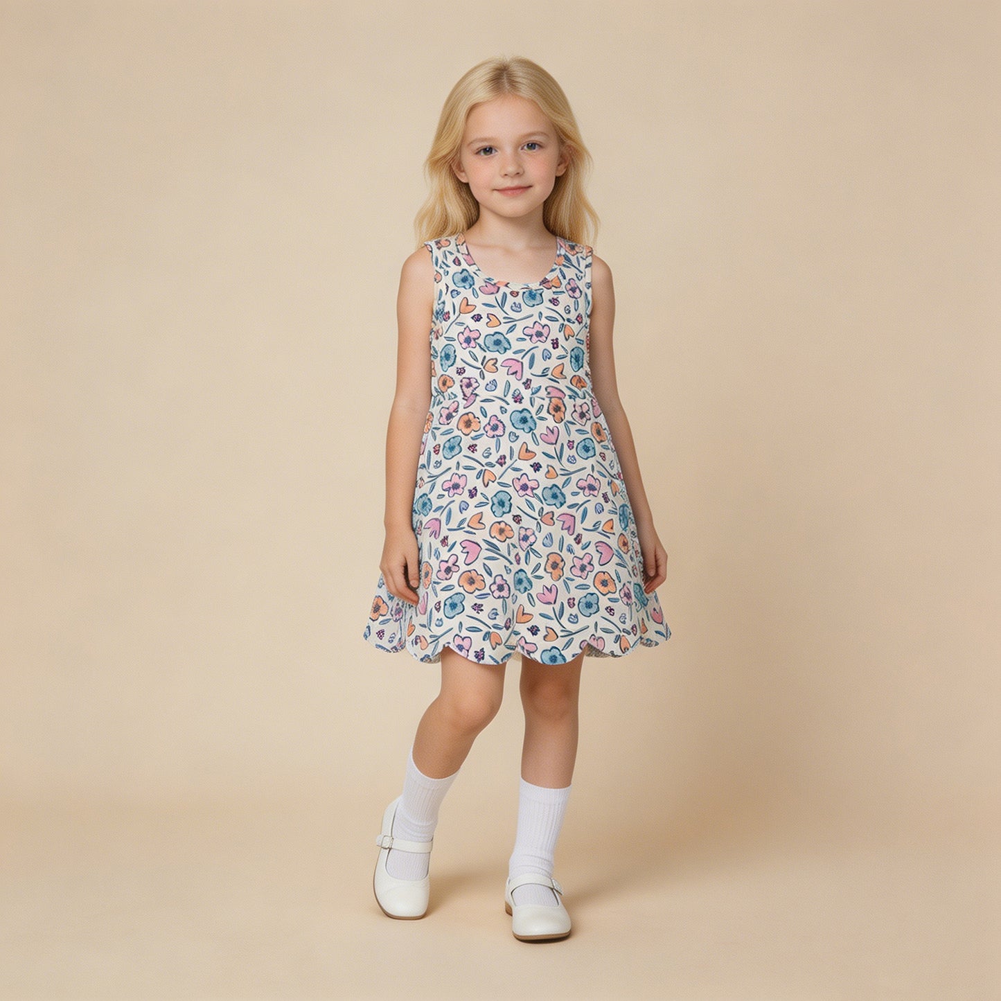 RTS NO MOQ yoga fabric GSD3808 Baby Girls Colorful Flowers Back Bows Active Short Scallop Knee Length Dress