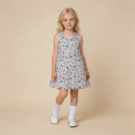 RTS NO MOQ yoga fabric GSD3808 Baby Girls Colorful Flowers Back Bows Active Short Scallop Knee Length Dress