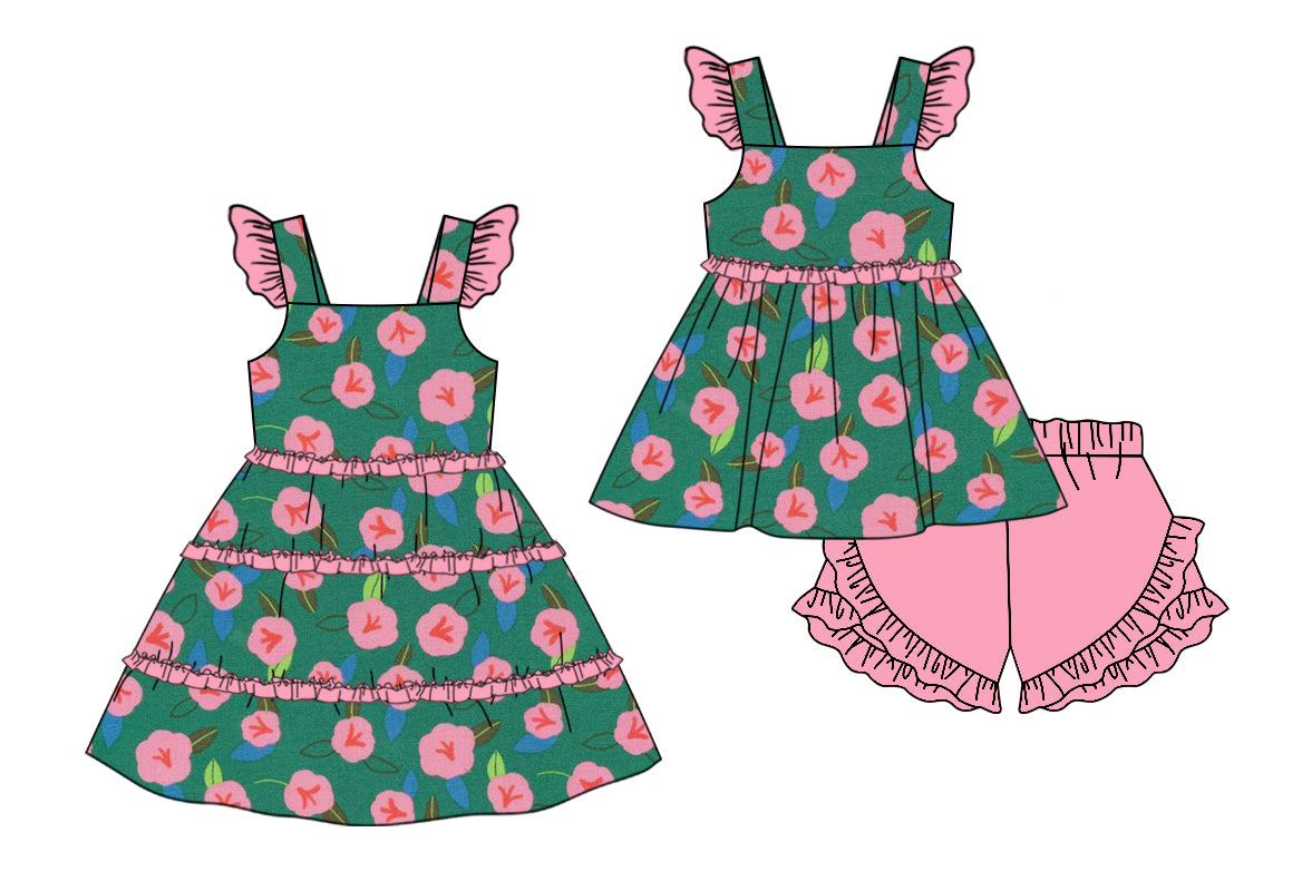 11.11 custom each style moq 5eta 4-6week Sibling Sister floral baby girl short sleeve shorts sets and dresses match design