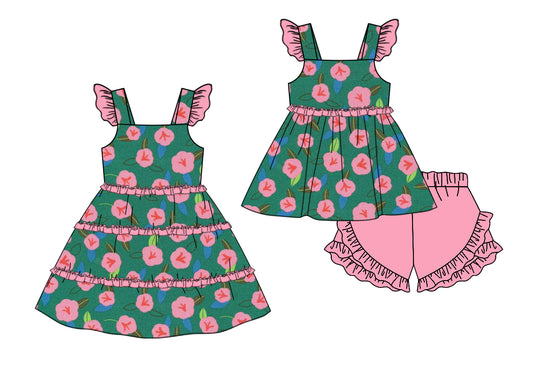 11.11 custom each style moq 5eta 4-6week Sibling Sister floral baby girl short sleeve shorts sets and dresses match design