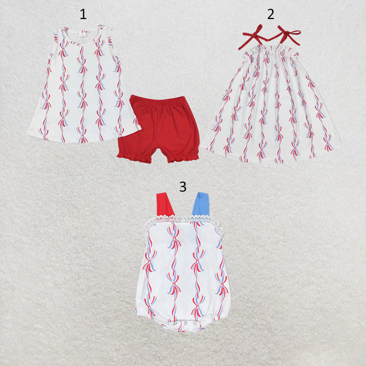 RTS NO MOQ Sibling milk silk Baby Girl 4th Of July Bows Tunic Shorts Rompers And Dresses Clothes Set