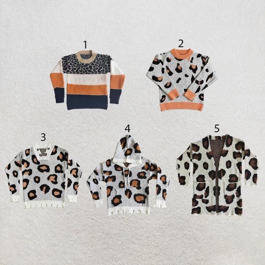 RTS NO MOQ Sibling Sweater Baby Toddler Leopard Print Crew Neck Knit Pullover Sweater