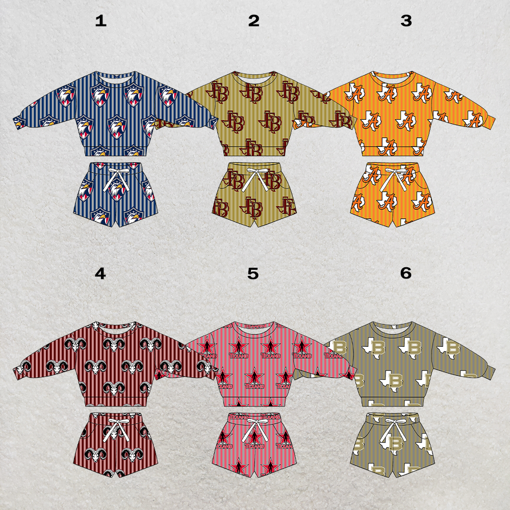 custom moq 5 mix size XY063004 Baby Kids Long Sleeve Crew Neck Top Drawstring Shorts Daily Team Outfit Set