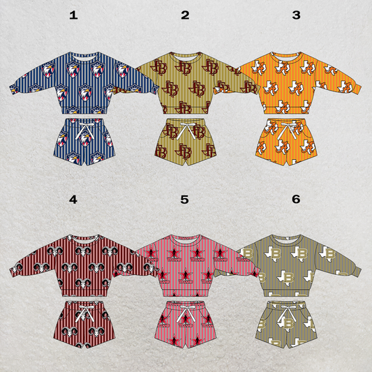 custom moq 5 mix size XY063004 Baby Kids Long Sleeve Crew Neck Top Drawstring Shorts Daily Team Outfit Set