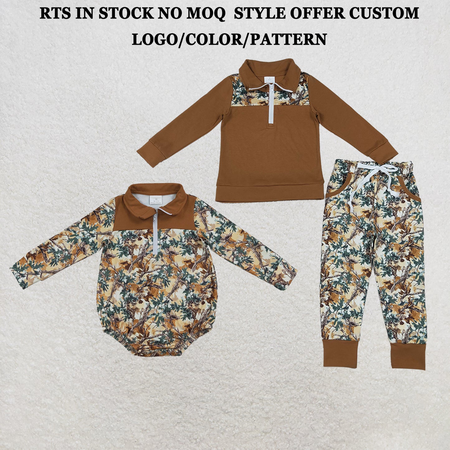 RTS NO MOQ Sibling milk silk Baby Boys Long Sleeve Camo Print Zip Pullover Pockets Jogger Hunting Clothes Sets Zipper Rompers