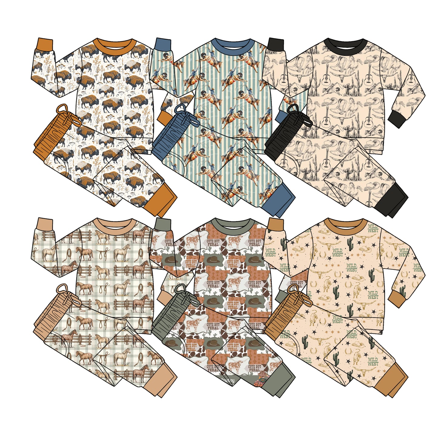 (Preorder new) No moq milk silk Baby Boys Long Sleeve Casual Western Horses Cactus Cows Daily Wear Clothes Sets