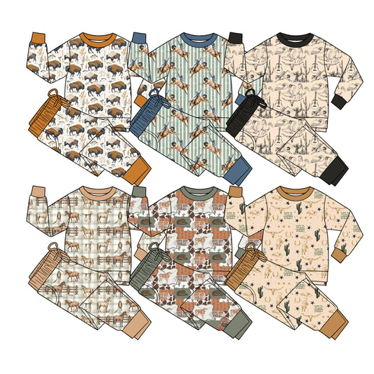 (Preorder new) No moq milk silk Baby Boys Long Sleeve Casual Western Horses Cactus Cows Daily Wear Clothes Sets