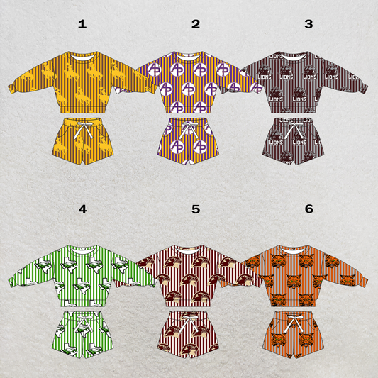 custom moq 5 mix size XY062904 Baby Kids Vertical Stripe Long Sleeve Top Drawstring Shorts Set