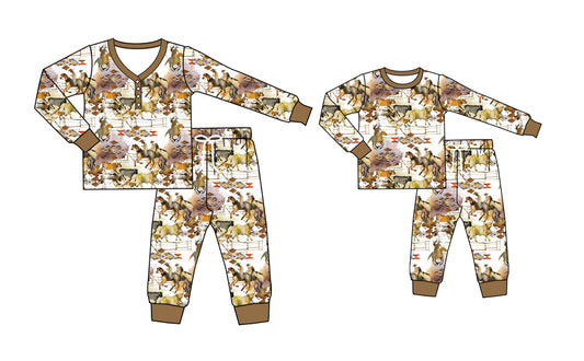 25.5.13 custom each style moq 5eta 4-6week Sibling Sister riding horse long sleeve pants sets and adult sets match design