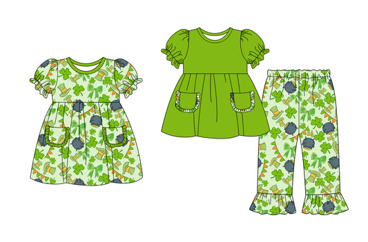 25.9.10 custom each style moq 5eta 4-6week Sibling Sisters bow green baby girl short sleeve pants sets and dress match family design