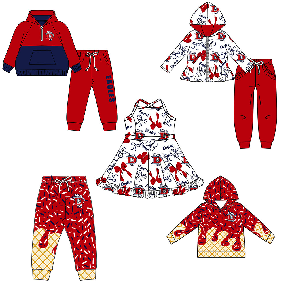 Custom moq 5 mix size milk silk summer teams baby girls clothes bow red hooded long sleeve pants sets and boy sets and dress and hooded top and pant-25.8.16